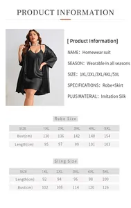 Detailed size guide table for 1XL to 5XL women's silk robe and nightgown sleepwear set