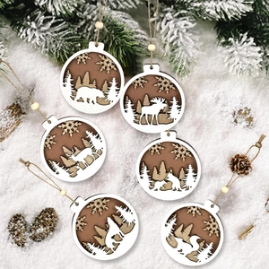 Set of 6 rustic wooden Christmas ornaments featuring carved forest animals on snowy background