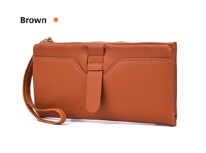 Brown long wallet for women, stylish bifold design with wrist strap and multiple card slots.
