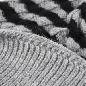 Chunky knit pom-pom beanie for women with ear protection and grey-black textures