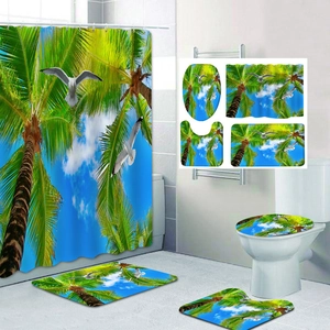 Detail of tropical beach palm tree pattern on four-piece bathroom shower curtain set