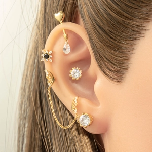 Gold plated stud earrings with cubic zirconia heart, butterfly wings and dangle chain
