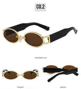 Retro oval sunglasses with gold metal frame and thick black temples shown in multiple angles