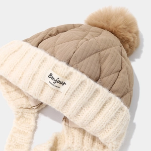 Winter knit baby earflap hat with pompom and khaki quilted fabric in 45-degree view