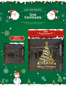 Detail of golden Christmas tree glass sticker with festive stars and holiday greetings
