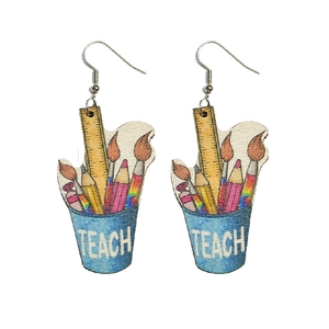 Cute wooden school pencil holder earrings for teachers with TEACH text engraving