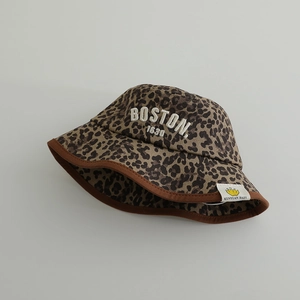 Kids leopard print bucket hat with Boston embroidery and crown label for boys and girls