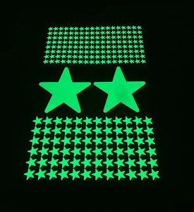 Macro shot of green glowing star wall stickers in different sizes on black background