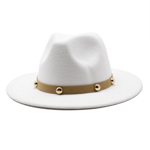 Classic white wool felt fedora hat with brown leather band and gold stud accents