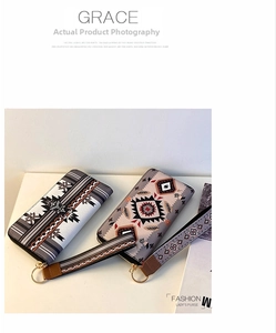 Detail of national style zip-around wallets with geometric prints and wrist straps