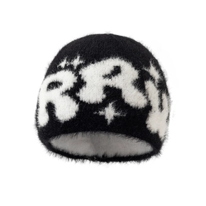 Trendy unisex black knit beanie with white RRI letter pattern and plush mohair texture