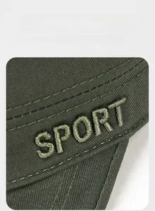 Detail of 3D SPORT embroidery on military green breathable cotton flat top hat fabric