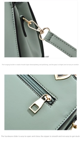 Detailed macro view of mint green leather bag with gold plating swivel hook and smooth zipper