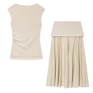 Damen Ärmelloses Oberteil Mit Raffung Und Plissierter Midirock Elegantes Einfarbiges Streetwear Outfit