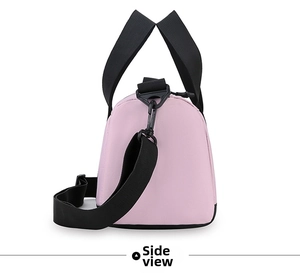 Side view detail of a pink nylon crossbody bag with black adjustable strap and hardware