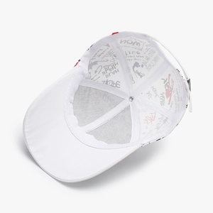 White cotton baseball cap with artistic graffiti print lining and adjustable metal buckle