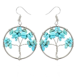Detailed wire-wrapped silver tree of life earrings with turquoise crystal chips
