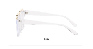 Close-up of square transparent glasses frame with gold hinge detail at a 45-degree angle
