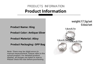 Detailed dimensions and weight of vintage gothic skull and hexagram rings set for men