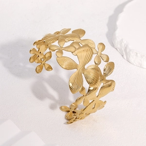 Bracciale rigido aperto in acciaio inossidabile 18k oro con motivi floreali di giglio