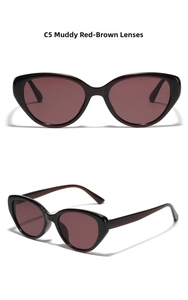 Detailed views of C5 cat-eye sunglasses with dark frames and reddish brown lenses