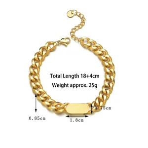 Gold stainless steel Cuban link bracelet with engravable bar plate and adjustable chain
