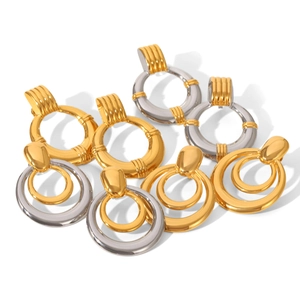 Elegant two-tone double hoop earrings in gold and silver finish on white background