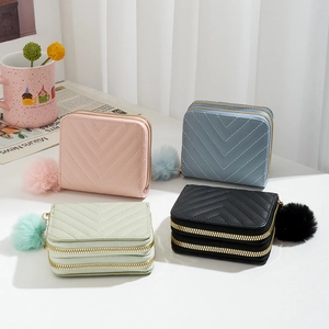 Women Short Wallet PU Leather Double Zipper Coin Purse V-Quilted Pompom Charm Compact Handheld Card Holder