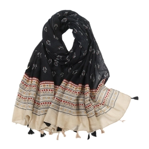 Ethnic style cotton linen scarf with navy blue floral print and fringe tassels