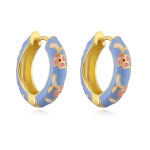 Retro 18K gold plated hoop earrings with blue enamel and colorful flower patterns