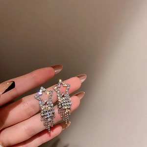 Elegant silver star tassel earrings with sparkling rhinestones for women