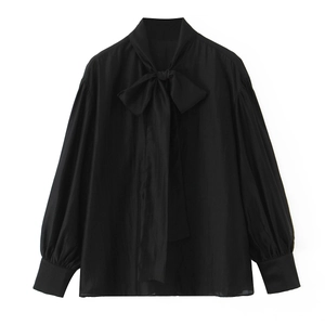 Women Blouse Shirt Polyester Satin Large Bow Tie Neck Long Lantern Sleeves Solid Black Casual Elegant Sweet Top