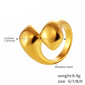 Detail view of irregular geometric 18K gold-plated stainless steel ring with size data
