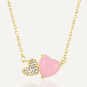 925 Sterling Silver Double Heart Pendant Necklace For Women Gold Plated Zirconia Pink Heart Elegant Fashion Jewelry Gift