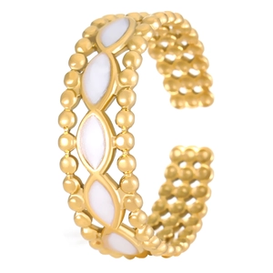 18K gold plated beaded cuff bracelet featuring white marquise inlay and open design