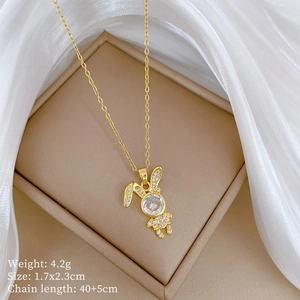 Titanium steel gold rabbit pendant necklace with sparkling zircon pavé and clear gem