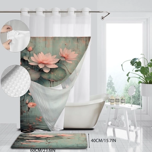 Detailed set of waterproof floral shower curtain and non-slip 60x40cm bath mat for bathroom