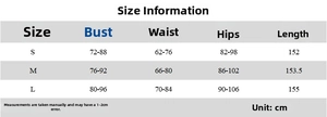 Detailed size chart table for high waist off-shoulder evening gown with feather details