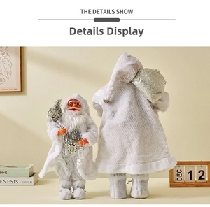 Detail of Santa Claus figurine with white fur and silver sequins in a cozy home setting