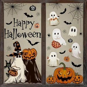 Adesivi per finestre di Halloween con fantasmi, zucche e scritte su sfondo beige