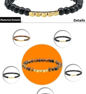 Detailed macro view of lava stone and tiger eye beaded bracelets with gold metal accents