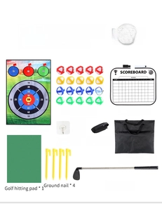 Detalle del set de juego de golf con tapete de tiro, 20 bolas, palo y bolsa de viaje