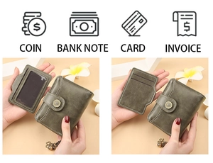 Detail view of green leather wallet with detachable card holder and snap closure mechanism