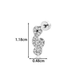 Silver treble clef stud earring in titanium steel with crystals and dimension labels