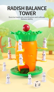Detail view of radish balance tower toy set with rabbit game pieces and dice