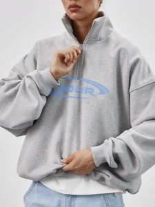Grey half-zip sweatshirt with blue OUR RULES chest print and premium ribbed cuffs