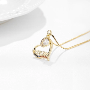 Gold heart-shaped MOM necklace with micro-pave crystals and colorful stones on box chain