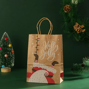 Holly Jolly Christmas kraft paper gift bag with Santa illustration and sturdy handles
