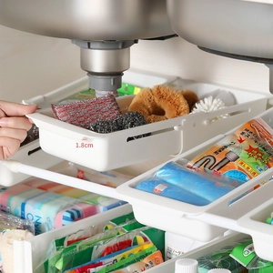 White expandable under-sink storage rack organizer for kitchen cabinets with drawers