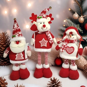 Christmas Plush Doll Ornaments Telescopic Long Legs Knitted Fabric Santa Snowman Reindeer Standing Holiday Table Decor